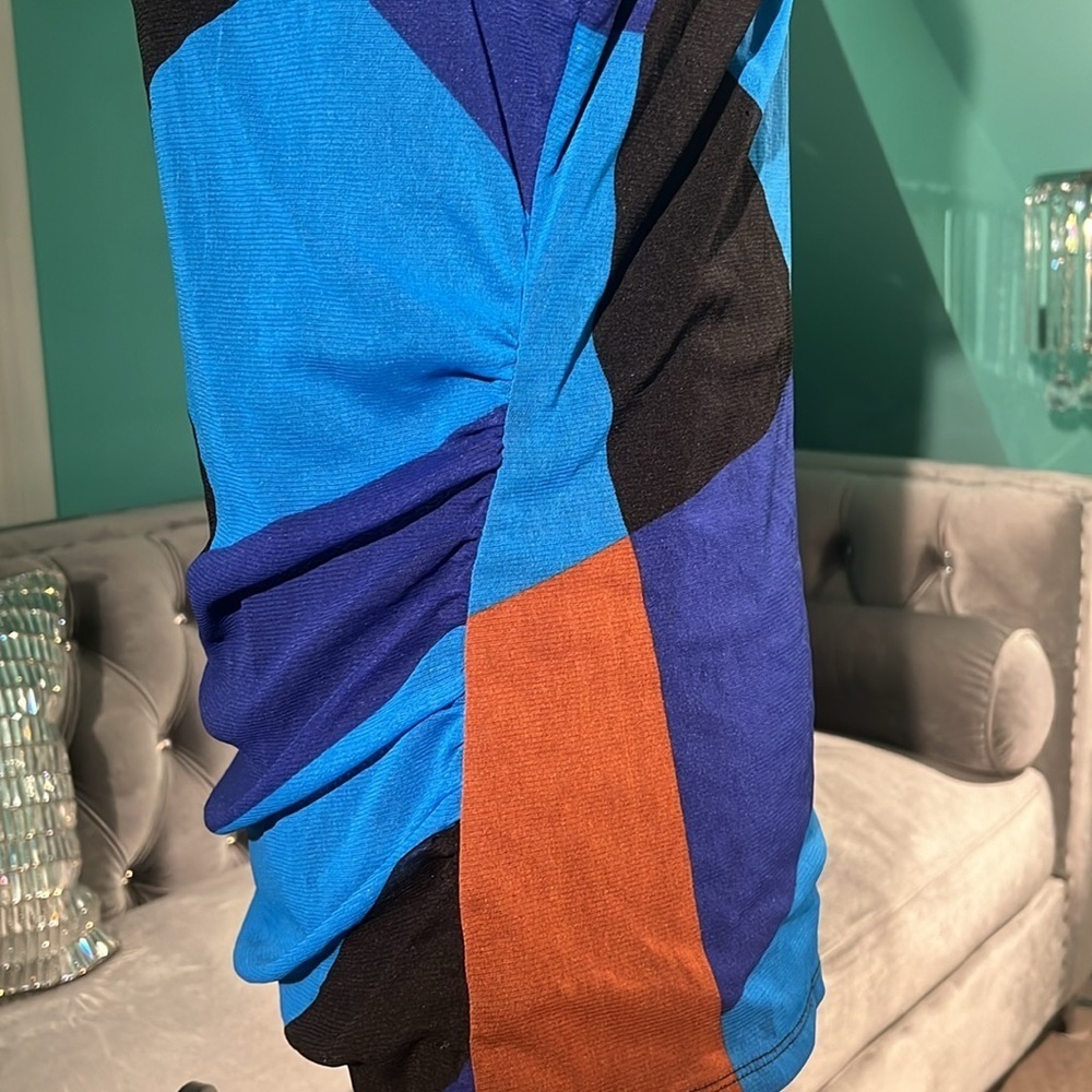 INC International Concepts -mesh overlay brown & blue abstract print top 💙🖤🤎 - Picture 6 of 7